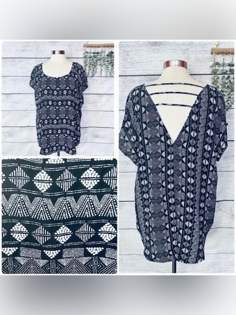 Torrid Blouse Ladder Back Black White Short Sleeve Sheer Split Back Plus Size 0X